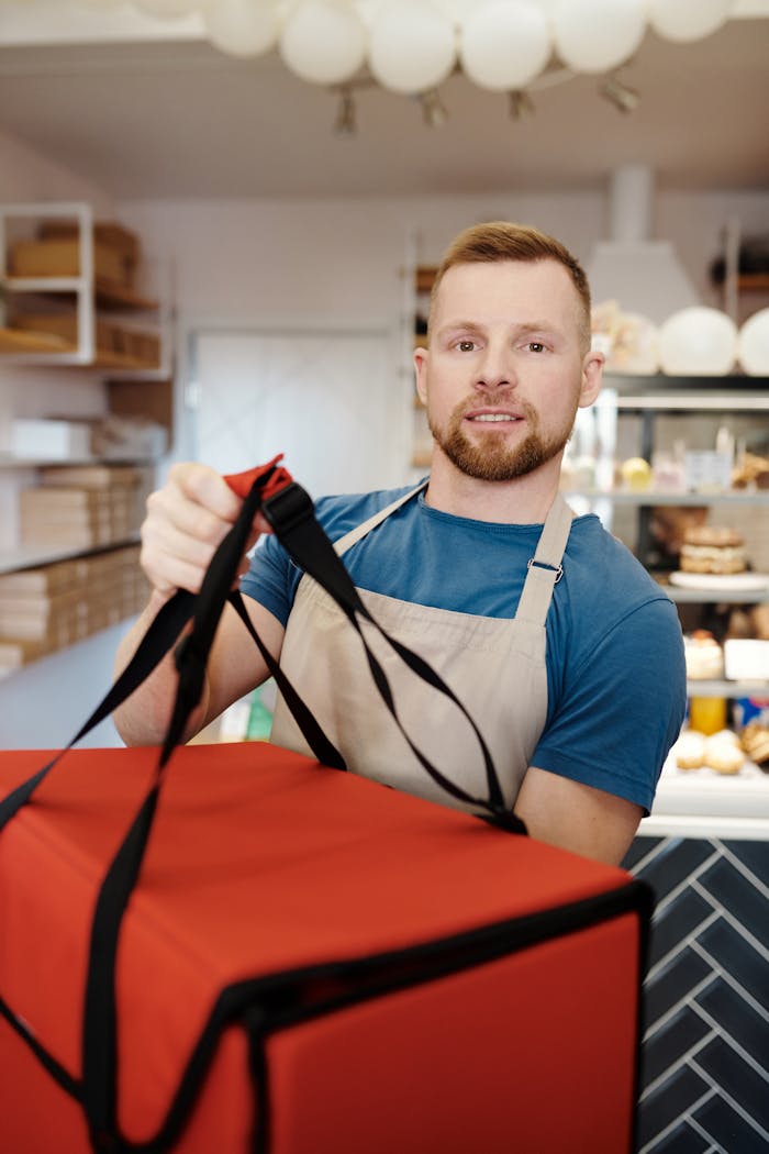 Caucasian man in apron holding a red thermal food delivery bag in a restaurant.